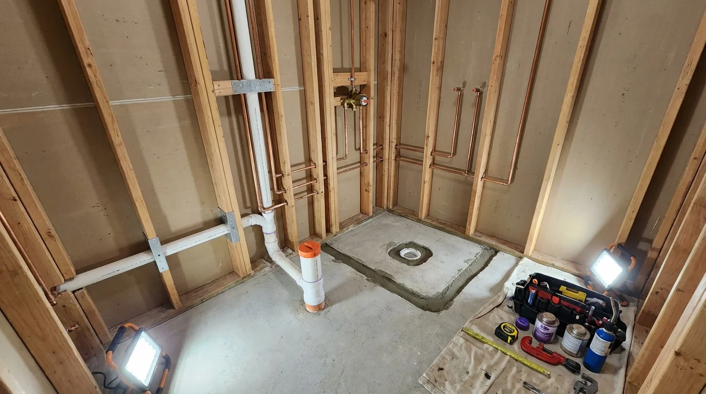 Bathroom rough-in plumbing during remodel by Johns Plumbing LLC in Decatur