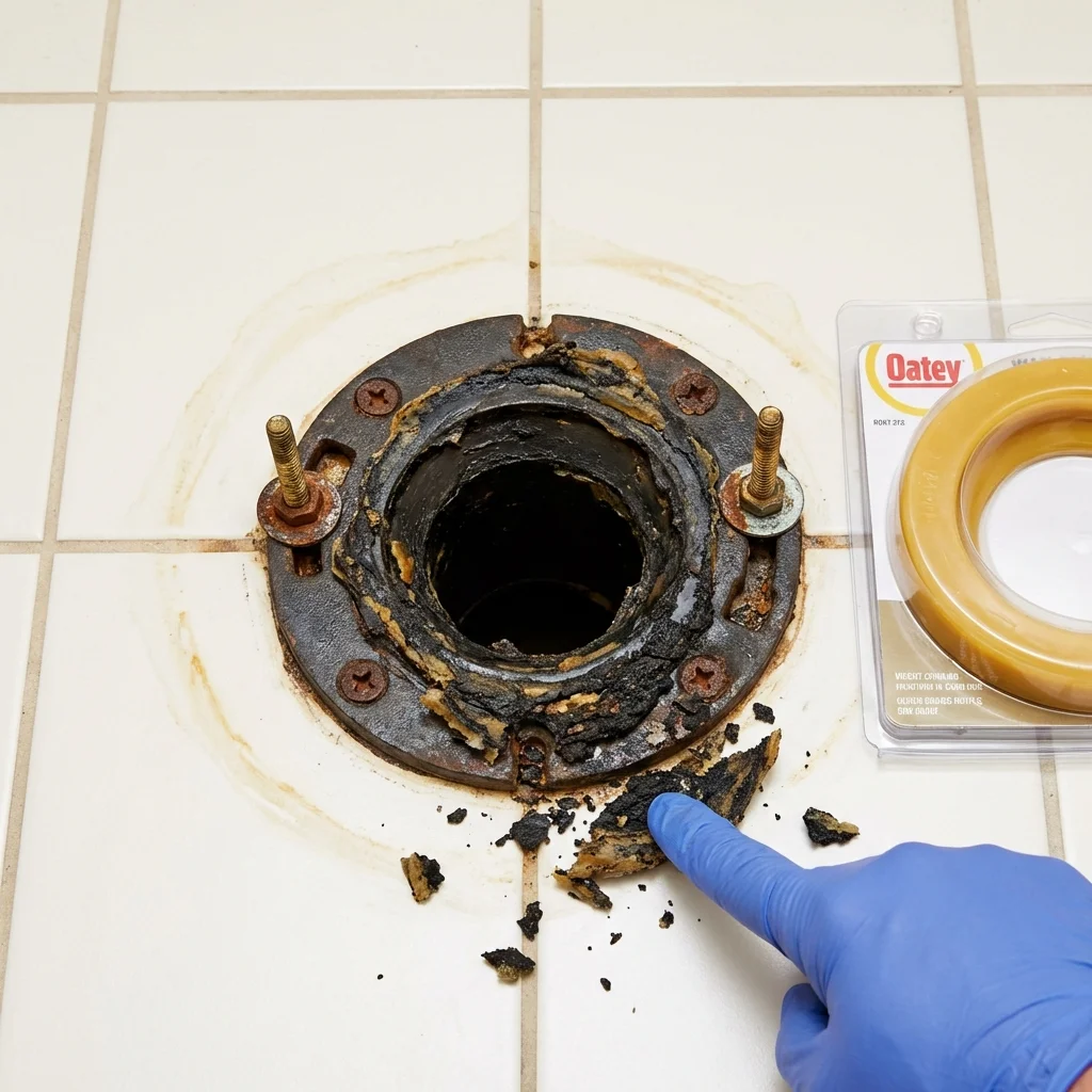 Failed wax ring showing water seepage at the base of a toilet in a Decatur, IN home