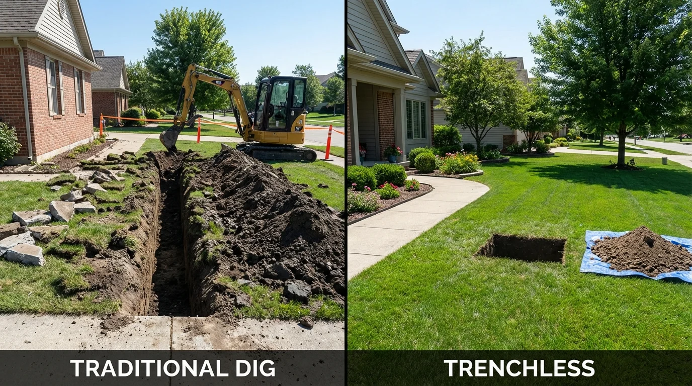 Trenchless sewer repair with minimal yard damage versus traditional excavation in Decatur, IN